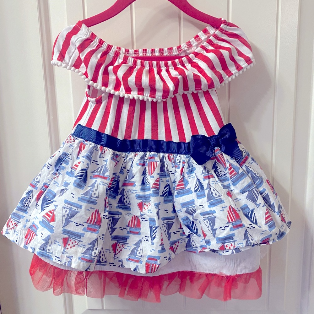 Little Las girls USA Sailboat Dress I size 12 months I nautical pom dress